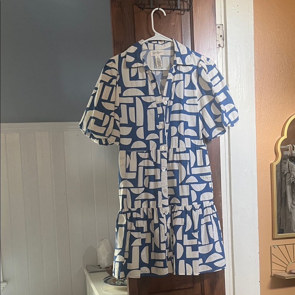Jessica Simpson Blue and White Geometric Button-Down Mini Dress - Picture 1 of 4